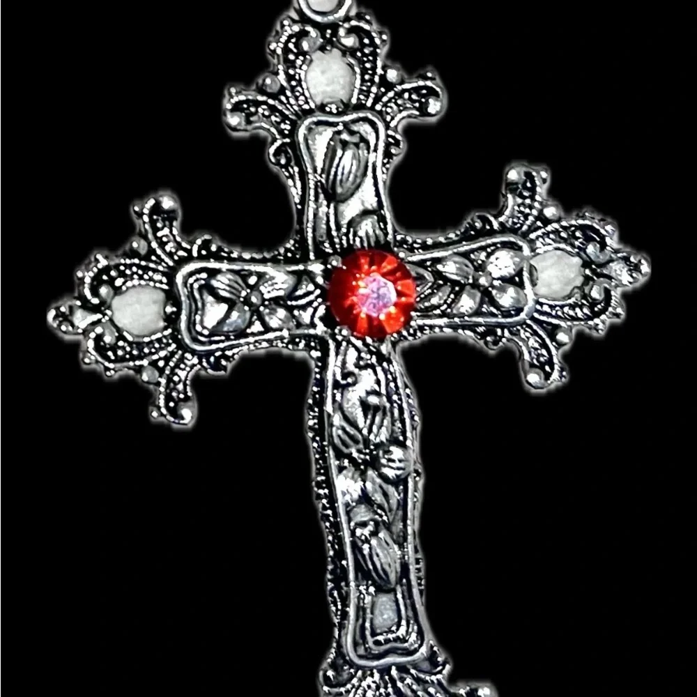 Silver Toned Cross Pendant with Red Gemstone